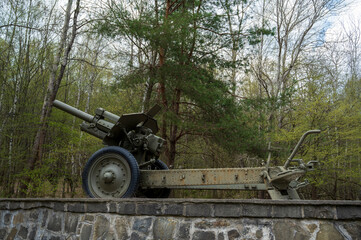 Fototapeta na wymiar Cannon from the Second World War in forest on concrete base.