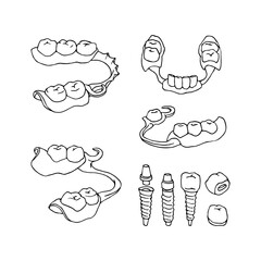 A set of dentures. Titanium implants with crowns. Vector illustration with black ink contour lines isolated on a white background in a doodle and hand drawn style.