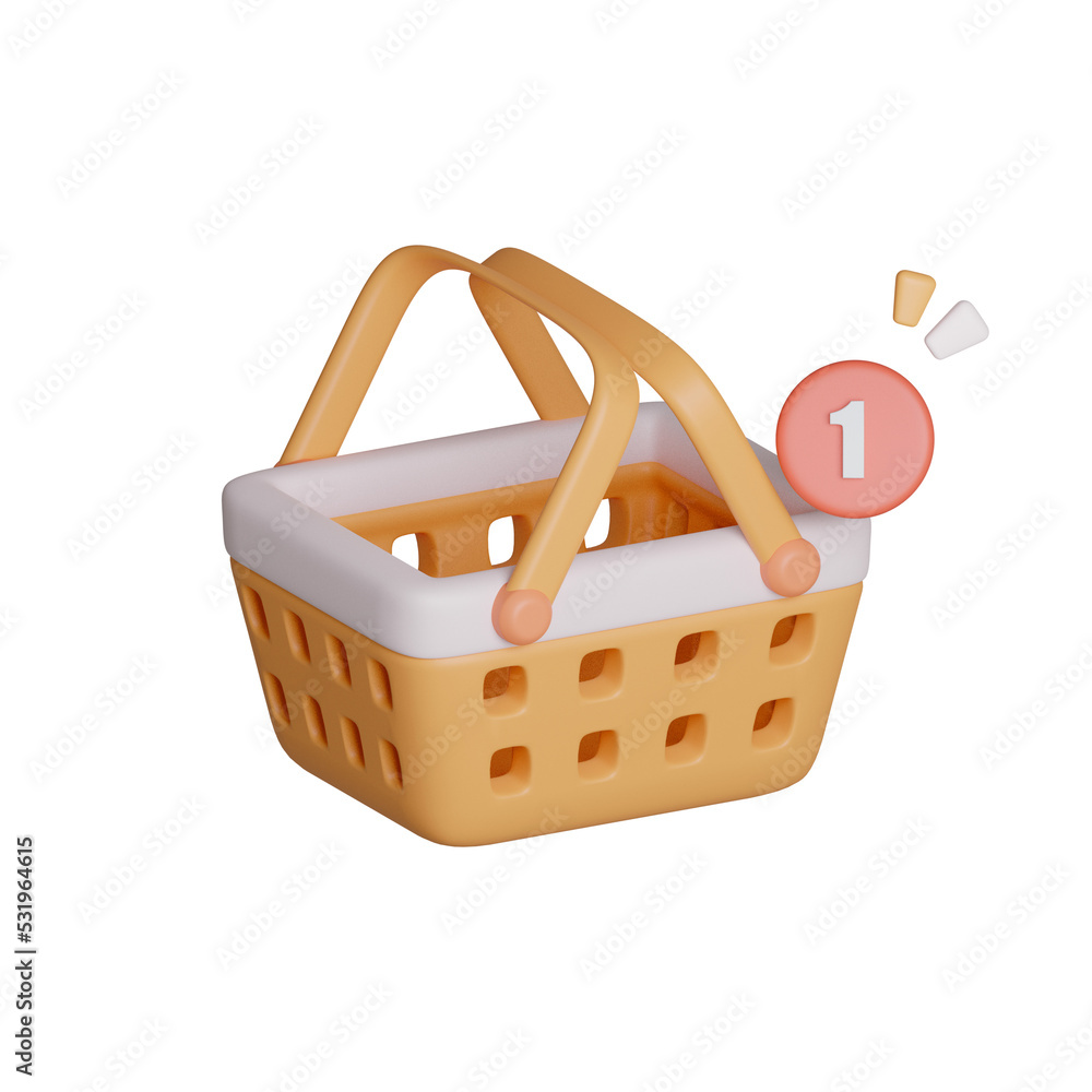 Poster shopping cart with one notification of added item. cartoon icon isolated on background. add to cart.