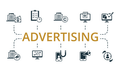 Advertising set icon. Editable icons advertising theme such as paid articles, copyright, personalization and more