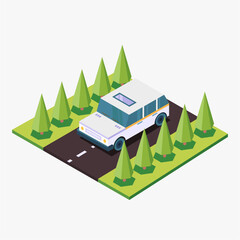 Isometric car on the road with pine trees isolated on white