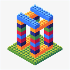Fototapeta premium Isometric of brick gate in toy miniature isolated on white. perpective bricks toy design in full colour.
