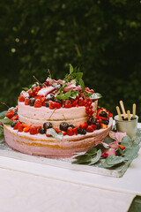 Große zweistöckige Hochzeitstorte mit Beerencreme und frischen Beeren, dekoriert mit Himbeerkuchengrün-Hochzeitszeremonie