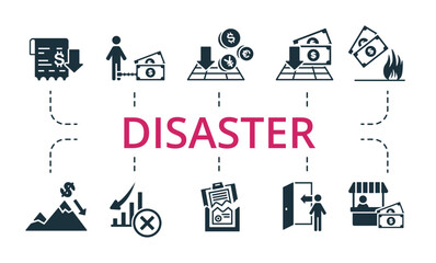 Disaster set icon. Editable icons disaster theme such as liquidation, inflation, currency fall and more.