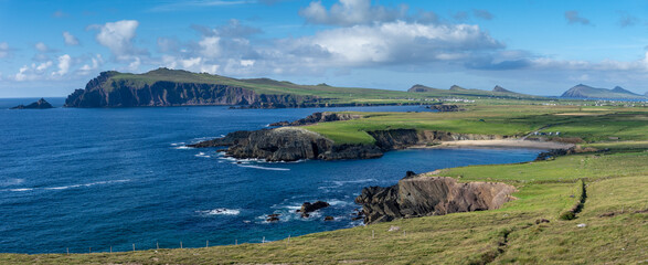 panorama coastal landscape of the northern Dingle Peninsula with a view of Clogher Beach and the Dunurlin headland