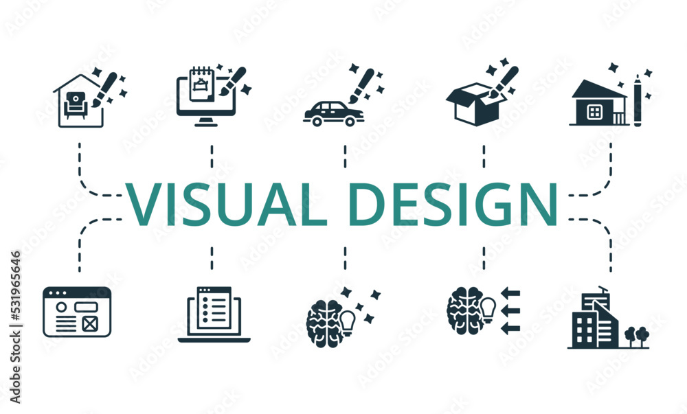Aufkleber visual design set icon. editable icons visual design theme such as package design, brainstorm, wiref
