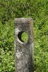 Concrete fence pole with round hole in front of lush vegetation, sunny spring day (vertical), Wolfstein, RLP, Germany