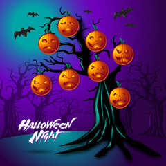 Halloween pumpkins hanging on spooky trees with moonlight on purple green background.
