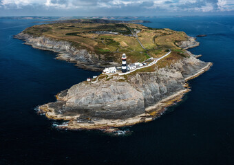 aerial view of the lighthouse and the Old Head of Kinsale in County Cork of western Ireland