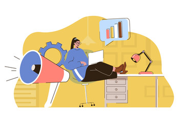 Marketing strategy concept. Woman marketer plans work, makes advertising campaign situation. Business promotion people scene. Illustration with flat character design for website and mobile site