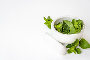White mortar with fresh green mint leaves. Aroma herbs background