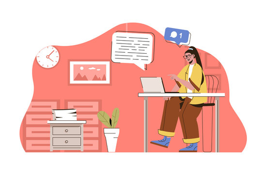 Media space concept. Woman chatting with friends on social networks situation. Online communication, cyberspace people scene. Illustration with flat character design for website and mobile site