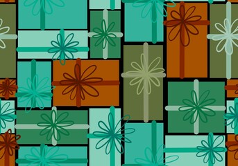 Festive gift box seamless presents with ribbons and bows pattern for Christmas wrapping paper and kids fabrics