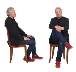 Side and front view of same man sitting on white background
