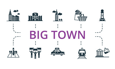 Big Town set icon. Editable icons big town theme such as skyscraper, taxi, square and more.