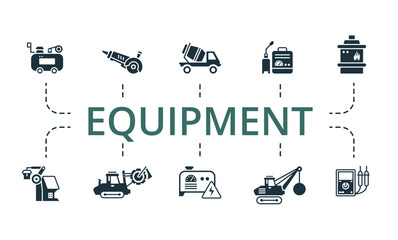 Equipment icon set. Contains editable icons machinery theme such as trencher, mixer truck, multimeter and more.