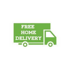 Free home delivery sticker. Vector icon of a flat black cargo truck silhouette, online store icon, shopping sticker 