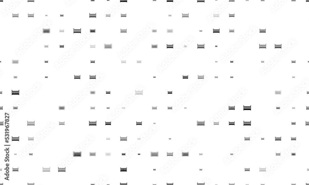Poster seamless background pattern of evenly spaced black baby cot symbols of different sizes and opacity. 