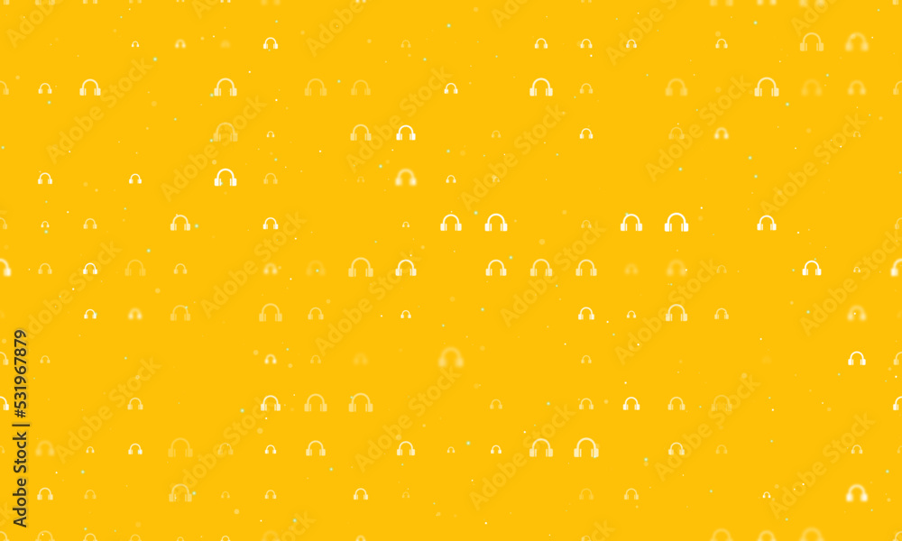 Poster seamless background pattern of evenly spaced white headphones symbols of different sizes and opacity