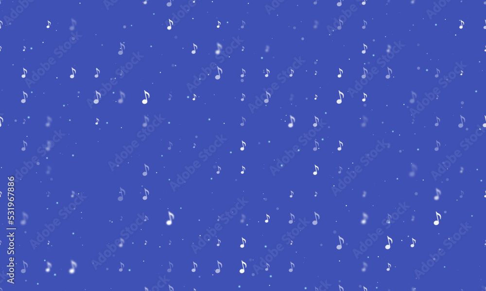 Poster seamless background pattern of evenly spaced white musical note symbols of different sizes and opaci