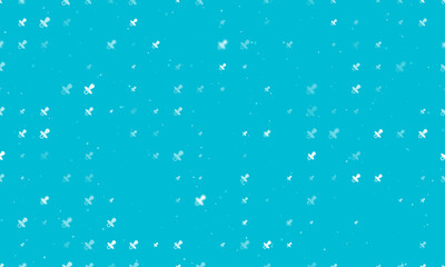 Seamless background pattern of evenly spaced white nipple symbols of different sizes and opacity. Vector illustration on cyan background with stars