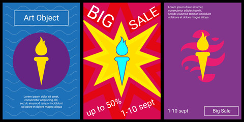 Trendy retro posters for organizing sales and other events. Large torch symbol in the center of each poster. Vector illustration on black background