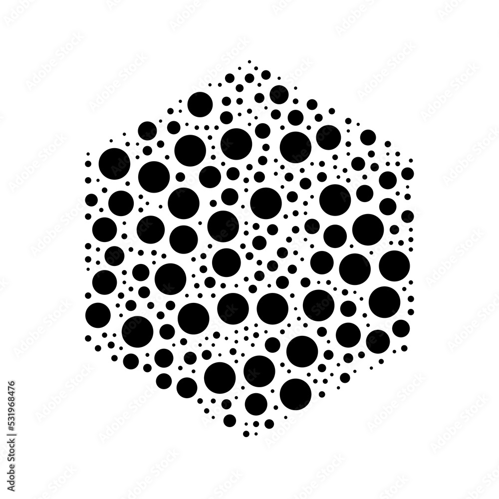 Poster a large hexagon symbol in the center made in pointillism style. the center symbol is filled with bla