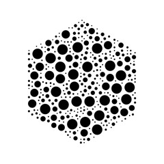 A large hexagon symbol in the center made in pointillism style. The center symbol is filled with black circles of various sizes. Vector illustration on white background