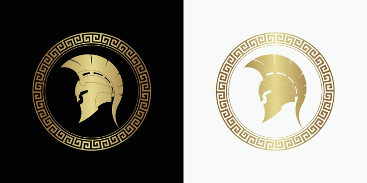 Spartan shield with helmet of the Spartan warrior symbol, emblem.  Vector illustration of spartan shield and helm, Spartan Greek gladiator helmet armor flat vector icon
