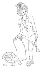 Coloring savage with a lizard on a leash and in a suit of skin