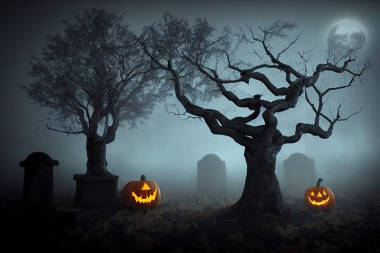 Halloween Grave Tree Background 3d render . High quality 2d illustration