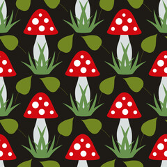 Seamless pattern with lovely amanita muscaria and leaves on black background. Vector image.