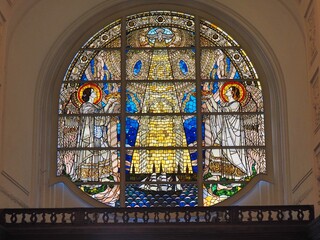 A stained glass window in the Main Church of St. Michael in Hamburg