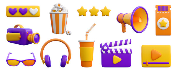  3d set of cinema, movie, theatre, video and audio icons. Trendy glossy plastic design elements. High quality isolated render