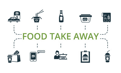 Food Take Away icon set. Contains editable icons take away theme such as burger, coffee cups, location and more.