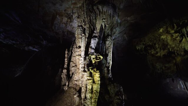 Stalactites and stalagnites in Prometheus Cave, Georgia.
