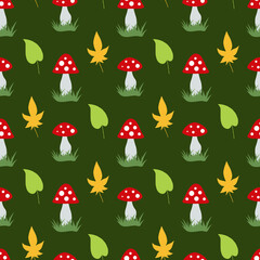 Seamless pattern with lovely amanita muscaria and autumn leaves on dark green background. Vector image.