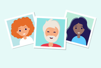 PriWorld smile day. Many pictures with smiling people of different nationalities. Photo frames on the table. Template for banner, postcard, card, invitation. Vector Illustration in flat style.