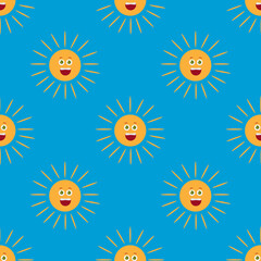 Seamless pattern with smiling sun on bright blue background. Vector image.