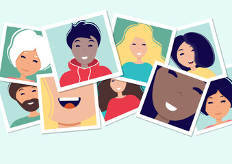 World smile day. Many pictures with smiling people of different nationalities. Photo frames on the table. Template for banner, postcard, card, invitation. 