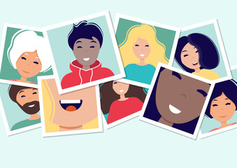 PrinWorld smile day. Many pictures with smiling people of different nationalities. Photo frames on the table. Template for banner, postcard, card, invitation. Vector Illustration in flat style.