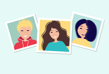 World smile day. Many pictures with smiling people of different nationalities. Photo frames on the table. Template for banner, postcard, card, invitation. Vector Illustration in flat style.