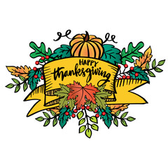 Happy thanksgiving on ribbon. Greeting card concept.