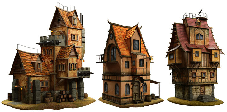 Old fantasy buildings 3D illustration	