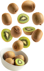Fototapeta premium Fresh kiwis falling into a bowl