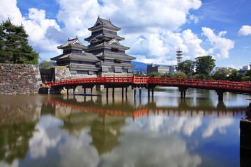 お濠に映る漆黒の松本城と青空