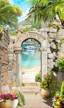Digital illustration, stone wall with arch and access to the seashore. Wallpaper on the wall. The fresco.