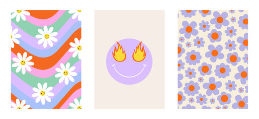Fototapeta na wymiar Set of colorful groovy posters in 70s and 60s hippy art style. Retro floral background, abstract waves and positive emoji for prints and cards. Vintage nostalgia vector elements