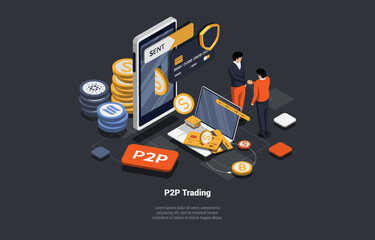 P2P, Peer to Peer Trading, Fiat and Spot Online Crypto Currency Trading, Financial Technology Concept. Businessman Directly Exchanging Digital Money Via Smartphone. Isometric 3d Vector Illustration