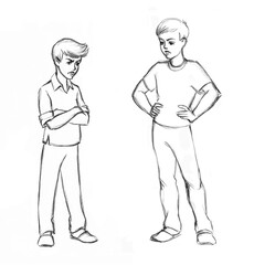 The two boys quarreled. Pencil drawing